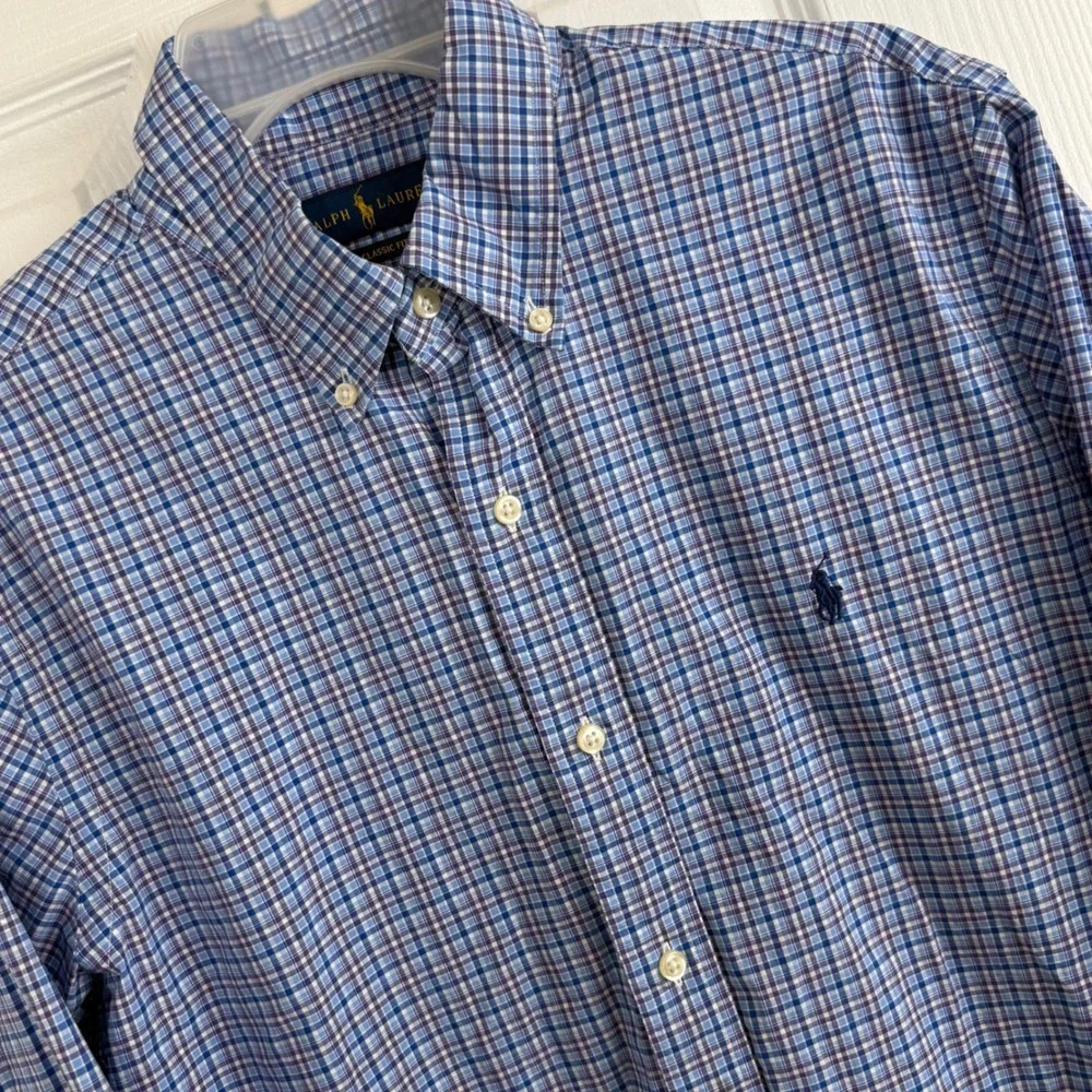 Ralph Lauren Classic Fit Plaid Button Down Shirt Mens L Blue Preppy - Picture 3 of 7